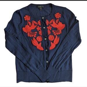 J. Crew Blue Cardigan Sweater with Decorative Red Patterns